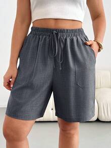 SHEIN Essnce Plus Size Solid Color Minimalist Casual Versatile Drawstring Waist Pocket Shorts Formal Dark Green Summer - Dark Grey - View 8