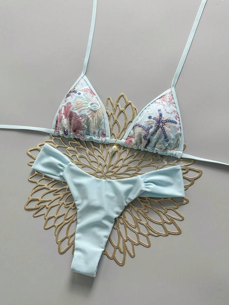 Swim Vcay 2件組 春夏度假亮片紋理面料珍珠裝飾掛脖三角比基尼上衣與比基尼褲 女款性感泳裝 - 彩色 - 查看 1