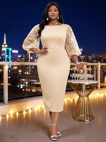 SHEIN Lady CURVE 大尺碼優雅派對亮片刺繡網紗拼接洋裝 - 彩色 - 查看 5