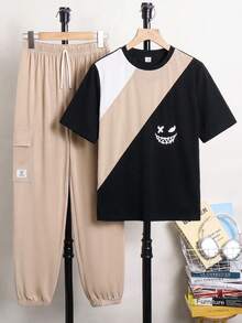 SHEIN 青少年男孩 2件組休閒拼色印花圓領短袖上衣褲子套裝 - 彩色 - 查看 4