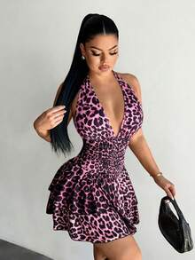 SHEIN SXY 女士性感时尚街头度假风豹纹露背吊带层叠荷叶边连衣裙，夏季 - 紫色 - 查看 2