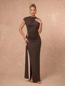 Lumalex Dark Brown Asymmetric One Shoulder Maxi Dress With Hardware Ruched Hip Draped Skirt And Front Slit Luxury Elegant For Party Bar Party Dinner Summer - Brown - View 4