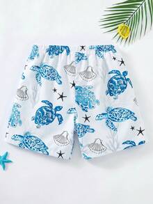 SHEIN 兒童/青少年男孩休閒百搭舒適椰子樹印花拼接寬鬆內裡泳褲沙灘短褲 - 彩色 - 查看 5
