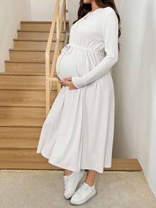SHEIN 孕婦純色休閒日常長袖洋裝 - 白色 - 查看 3