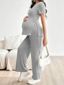 SHEIN 孕婦純色羅紋側開衩下擺T恤與可調腰圍長褲休閒兩件套 - 灰色 - 查看 6