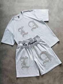 2pcs Kids Tween Boys Casual Gothic Font Graphic Crew Neck Short Sleeve Heather Grey T-Shirt And Grey Shorts Squishy Set, Y2K Set, Summer Tops, Summer Shorts, Boys Outfit Kids Set, Suitable For Spring/Summer, Valentine's Day, Date, Summer Outfit, Family Gathering, Back To School, Wedding Season, Sports, Birthday Party - Grey - View 2