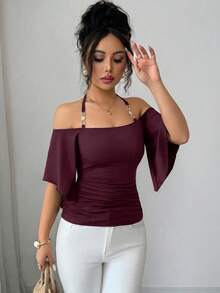 SHEIN Elenzya 女款純色細肩帶背心T恤，掛脖短袖簡約優雅修身抓褶上衣，春夏新品，適合日常通勤、音樂節、晚餐、派對、度假，復古百搭風格 - 紫色 - 查看 6