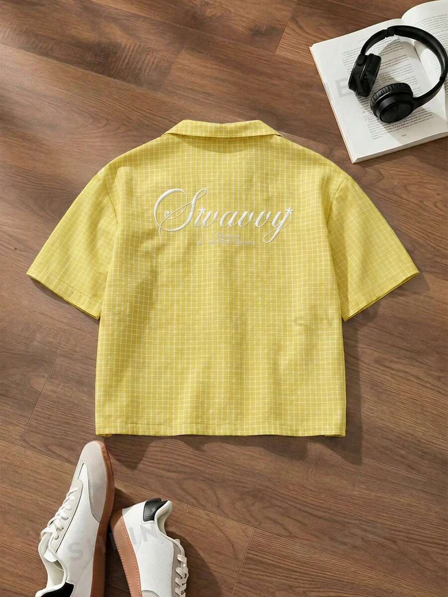 SWAVVY Men's Letter Embroidered Single-Breasted Casual Short Sleeve Shirt - Yellow - View 1