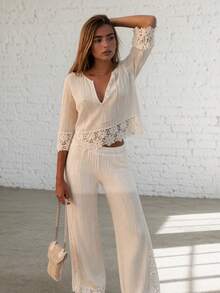 SHEIN Holidaya Women's Hollow Crochet Long Sleeve Top And Pants Casual Tropical European Elegant Bohemian Daily Vacation Set Beach Brunch Cream White Autumn - White - View 4