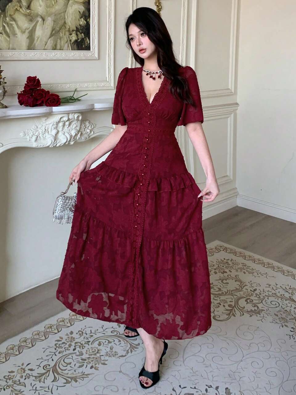 Women's Summer Elegant Solid Color Cut-Out Ruffle Hem Dress