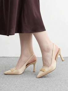 CUCCOO CHICEST 女款戶外尖頭細高跟布面鞋，時尚簡約舒適，帶扣設計，適合日常宴會與派對穿著 - 沙丁 淺金色 - 查看 5