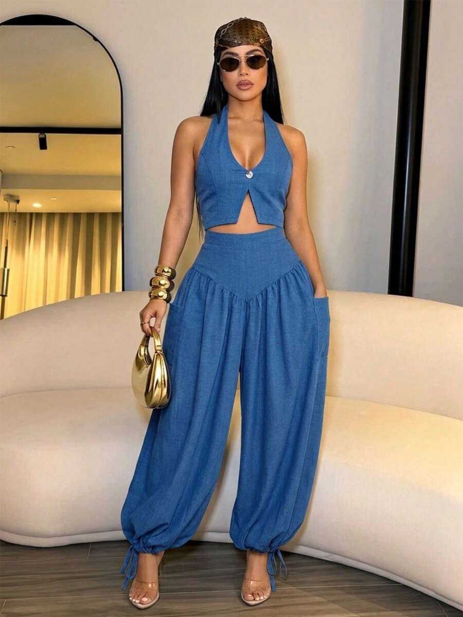 SOLERSUN 女士无袖背心西装外套和高腰带口袋褶裥阔腿灯笼裤两件套