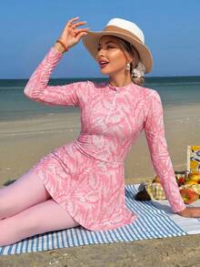 Swim Mulvari Women's 2-Piece White Base Colorful Seashell Random Print Long Sleeve Half-Zip Fitted Top With A-Line Hem Dress And Fitted Long Pants Middle Eastern Burkini - Pink - View 1
