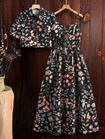 SHEIN Clasi Women's Printed Dress And Shirt 2 Pieces Set Vacation Black Floral Floral Floral Summer Boho Cottage Core Vintage Bohemian Vacation Picnic Vacation