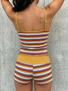 SHEIN EZwear 夏季條紋拼色細肩帶背心與短褲套裝 - 彩色 - 查看 2