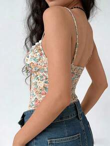 Cévolie Plus Size French Floral Cami Top, Lace Trim Ruched Front Slim Fit Corset Style Spaghetti Strap Blous - Multicolor - View 2