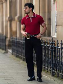 YOUESAWY YOUESAWY European & American Style Men's Casual Contrast Color Polo Shirt With Turndown Collar And Buttons, Short Sleeve, Summer - Burgundy - View 3