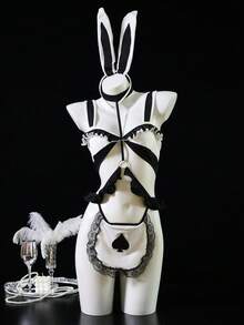 Dansine 女款性感兔女郎 Cosplay 黑色黑桃角色扮演連身衣制服套裝 - 黑色 - 查看 1