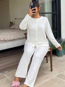 Minimalist Button Front Loungewear Pajama Set – Soft Two Pieces Long Sleeve Top & Wide Leg Pants In Solid White - Beige - View 5