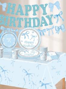 Light Blue Bowknot Birthday Party Decorations Set, Disposable Tableware Kit With Tablecloth Banner Paper Plates Napkins Paper Cups Party Supplies - Multicolor - View 4