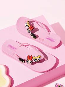 THE POWERPUFF GIRLS X SHEIN 卡通夾腳拖鞋，EVA輕量材質，腳趾保護，透氣快乾，柔軟舒適，適合室內、淋浴或海邊等多種場合使用，夏季服飾，春季服飾，海灘，度假 - 珊瑚粉 - 查看 10