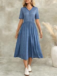 EMERY ROSE Women's V-Neck Blue And White Stripe Pleated Casual French Daily Mid-Length Dress Vacation Summer Birthday Dresses - Blue - View 8