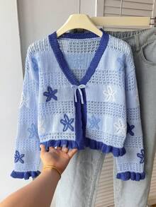 SHEIN Tween女孩海灘度假海星圖案多色鏤空針織開襟衫，舒適百搭，適合居家、休閒外出、海灘度假、派對，柔軟面料，適配春夏秋冬四季 - 藍色 - 查看 6