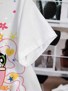 THE POWERPUFF GIRLS X SHEIN 女款夏季休閒卡通印花T恤 - 白色 - 查看 4