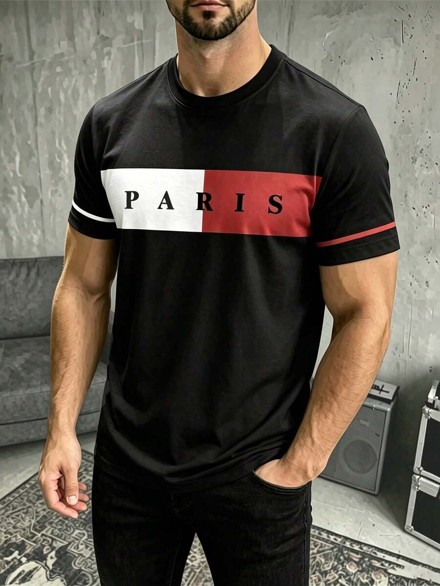NEOREFINED 黑白紅經典百搭 PARIS 印花圓領短袖 T 恤,奢華質感 PARIS 印花圓領 T 恤 - 彩色 - 查看 1
