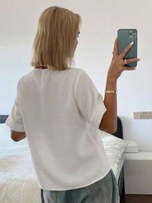 Hapijoa Round Neck Solid Color Asymmetric Design Short Sleeve Blouse For Teen Girls Summer - White - View 4
