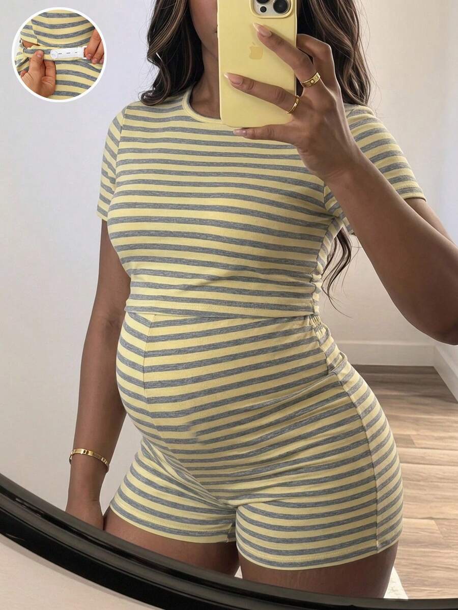 SHEIN Maternity Striped Colorblock Round Neck Short Sleeve Top And Adjustable Waist Shorts 2 Pieces Set - Yellow - View 1