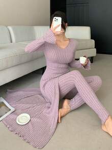 DAZY 女款純色高開衩長版上衣與緊身褲家居服套裝 - 灰色 - 查看 5