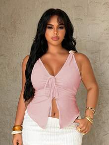 Rustia Plus Size Women's Solid Color Ruched Metal Decor Fitted Versatile Casual Top - Dusty Pink - View 6