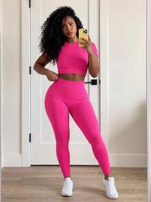 SHEIN Core Rhythm Seamless Stretchy Women Sports Cropped T-Shirt & Leggings Set Ribbed Workout Buttery Soft Legging Two Piece Curve Activewear Quick-Dry Quick Dry - Hot Pink - View 4