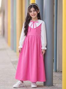 SHEIN Young Girl Young Girl College Style Colorblock Peter Pan Collar Long Sleeve Dress - Pink - View 5