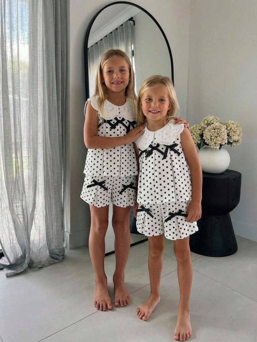 SHEIN Elladie kids 女童波點印花百褶可愛3D蝴蝶結背心與時尚寬鬆短褲套裝，適合日常休閒通勤，極簡時尚穿搭