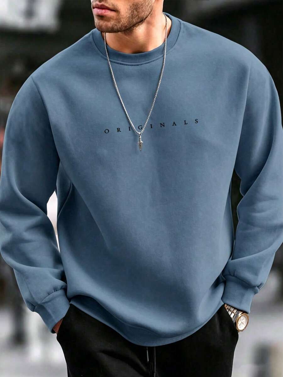 Manfinity Homme 男士字母印花圓領長袖休閒寬鬆衛衣 - 霧霾藍 - 查看 1
