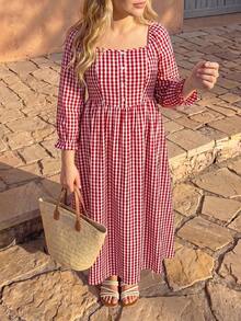 Vivid Eden Plus Size Vacation Casual Plaid Dress - Red - View 2