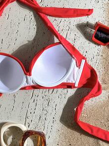 Swim Basics Women's Summer Beach Criss-Cross Halter Bikini Top, Push-Up With Underwire - Red - View 6