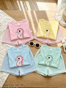 Baby Girl Round Neck Short Sleeve Cartoon Print T-Shirt And Pink Shorts Set Summer Cute - Multicolor - View 1