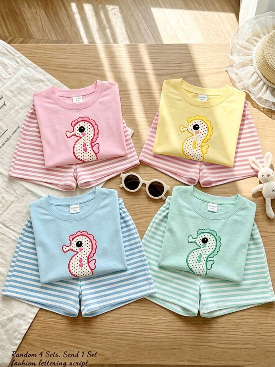 Baby Girl Round Neck Short Sleeve Cartoon Print T-Shirt And Pink Shorts Set Summer Cute - Multicolor - View 1