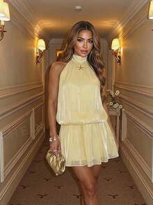 Sunnyshic Women's Pale Yellow Backless Mini Dress, Beach Vacation Outfit, Summer Fashionable Romantic Elegant Holiday Style - Yellow - View 8