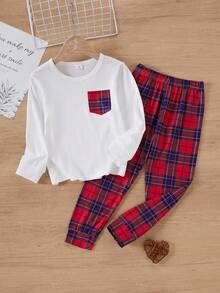 SHEIN Vintaside Kids 2件組男童長袖休閒格紋寬鬆套裝，秋季 - 紅色 - 查看 3