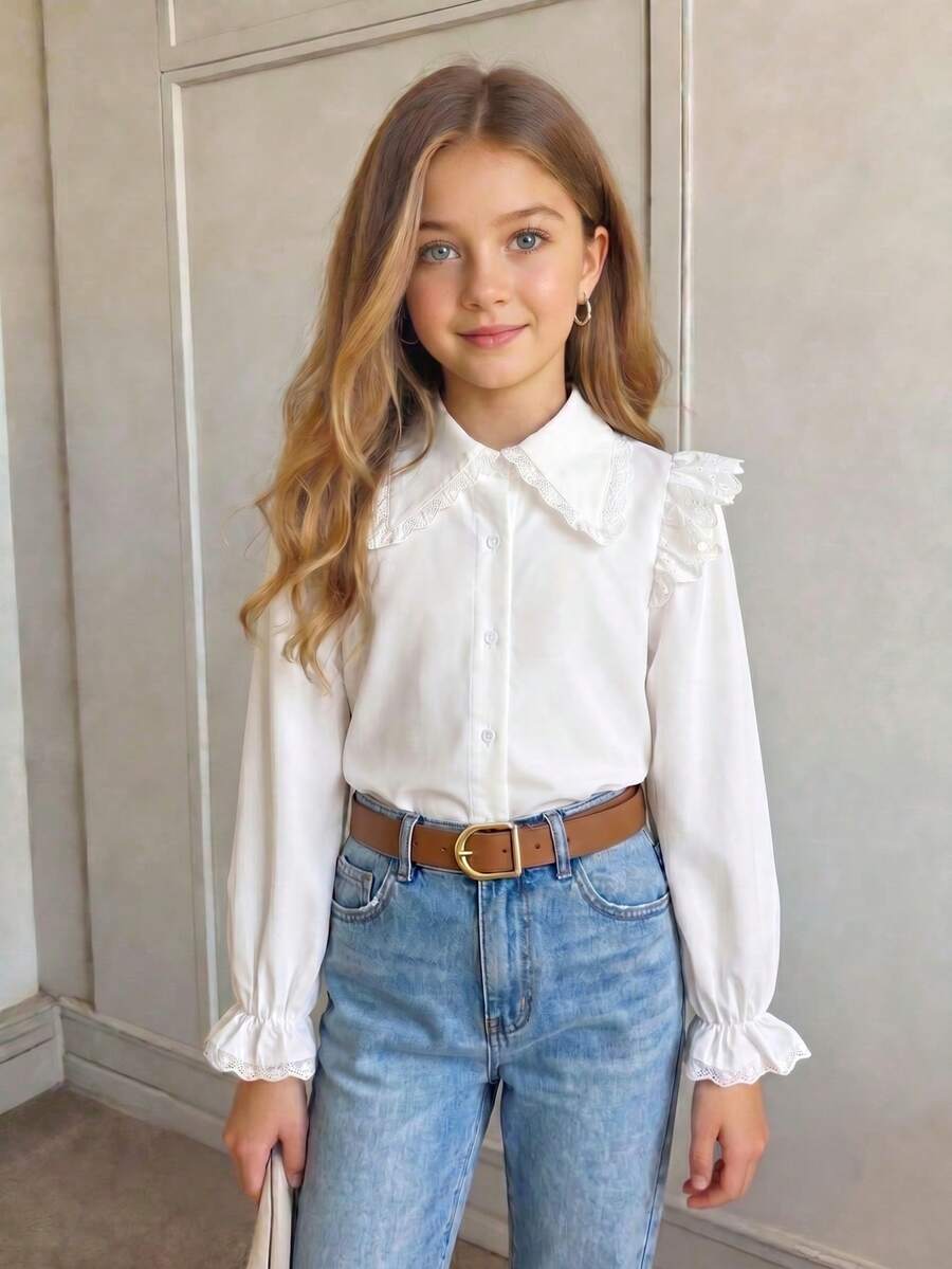 Firerie Kids Firerie Kids قميص أبيض من الدانتيل مع كشكشة وأكمام جرس طويلة، موضة جديدة للخريف للفتيات المراهقات، مناسب للعودة إلى المدرسة والتخرج والمناسبات الرسمية، ملابس الخريف للعودة إلى المدرسة - أبيض - مشاهدة 1