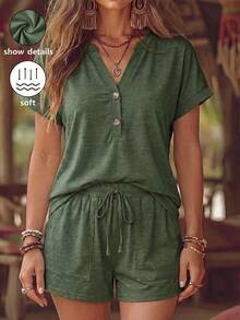 Zayélia Spring And Summer New Fashionable And Casual Military Green Short-Sleeved T-Shirt + Shorts Set - Army Green - View 1