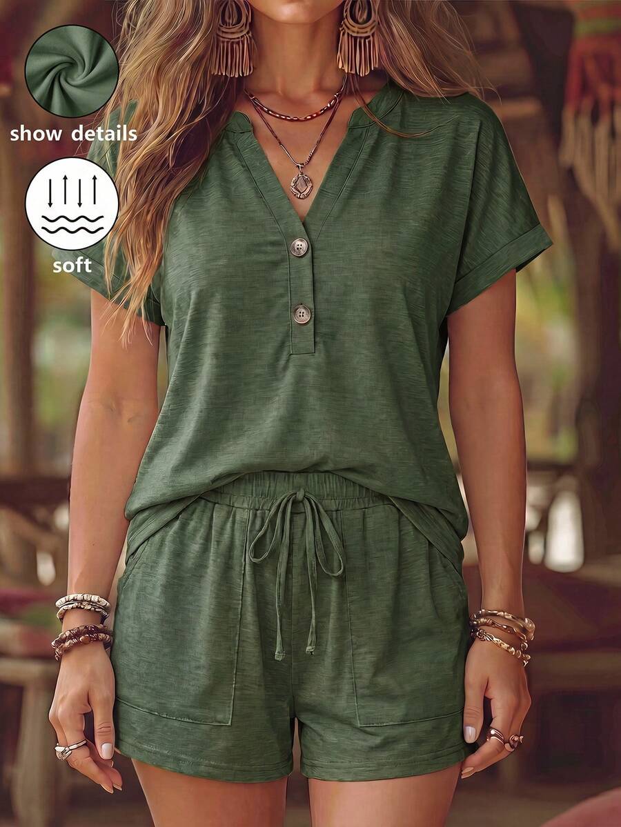 Zayélia Spring And Summer New Fashionable And Casual Military Green Short-Sleeved T-Shirt + Shorts Set - Army Green - View 1