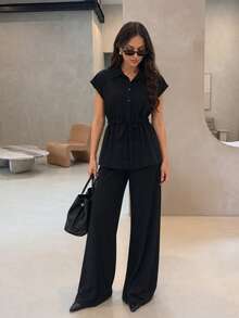 Rue Lumi 2pcs Casual Elegant Drawstring Shirt And Pants Set, Black, Suitable For Women, Summer Clothing, Commuter Wear - Black - View 6