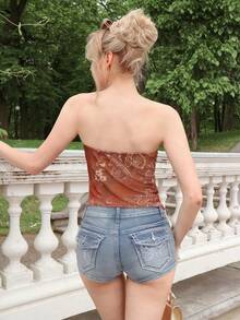 Hippie ROMWE X Elena Katey Women's Retro Vacation Style Cashew Paisley Print Floral Metal Decor Strapless Strapless Top - Brown - View 2
