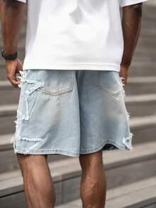 thenoahjr thenoahjr Men's American Hip Hop Street Fashion Star Patch Distressed Loose Wide Leg Pants - Light Wash - View 2