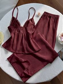 Sweetra Y2K Textured Fabric Patchwork Lace Trim Commuter Versatile Vacation Wide Leg Pants Set - Burgundy - View 2